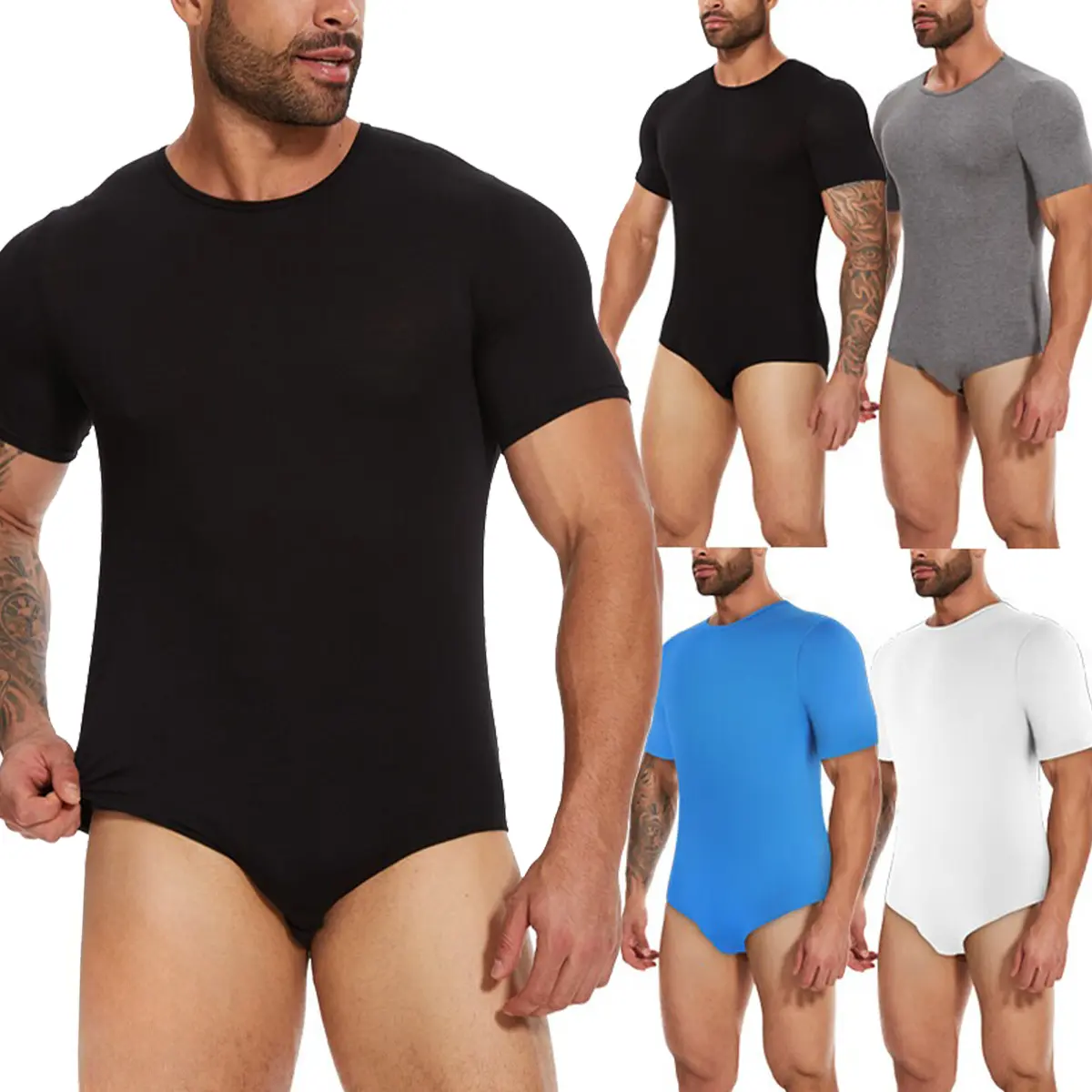 Men's 1-2 Pack Full Body Shapewear Clothes, Tummy Control Bodysuits, Stretchy Spandex-Viscose Underwear, Classic Crew Neck Leotard for Cosplay & Nightwear