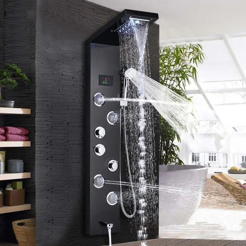 Shower Panels Tower System, 304 Stainless Steel Bathroom Shower Panel System with 4 Body Jets, Rainfall, Waterfall, Handheld Shower, Tub Faucet (Black, Brushed Nickel)