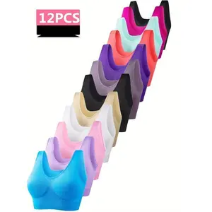 12-Pack Women'S Sports Bralette Set - Nylon, Solid Color, Medium Support, No-Wire, No-Cup, Knit Fabric, Adult - Ideal for Running, Yoga, ExerciseGiftGift
