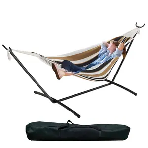 Double Hammock with Stand - Heavy Duty 450lbs Capacity, Portable Cotton Hammock for Two Adults, Indoor & Outdoor Use with Travel Bag(Coffee)