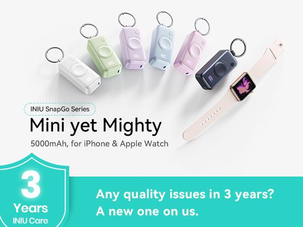 INIU P81 SnapGo Mini 5000mAh Power Bank with Built-in USB C Cable & Keychain for Apple Watch Ultra SE 2/3 Series iPhone Air 8 ~ 17 Airpods Series 20W Fast Charging Lightweight LED Display Portable Charger EDC Travel Battery Pack Phone Charger Perfect Gift