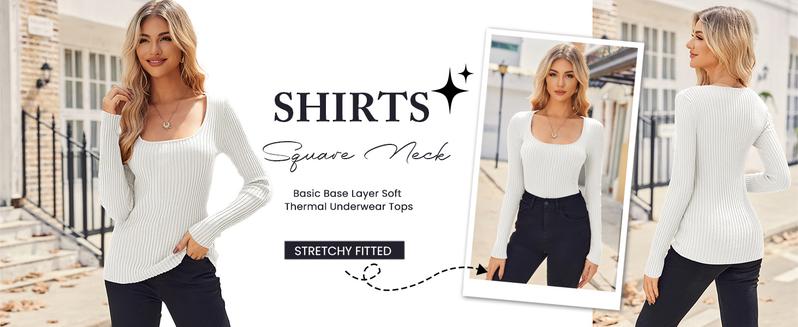 Women's Super Soft Stretchy Ribbed Knit Sweater Square Neck Long Sleeve Slim Fitted Tunic Top for Fall Winter Essential Casual Outfit