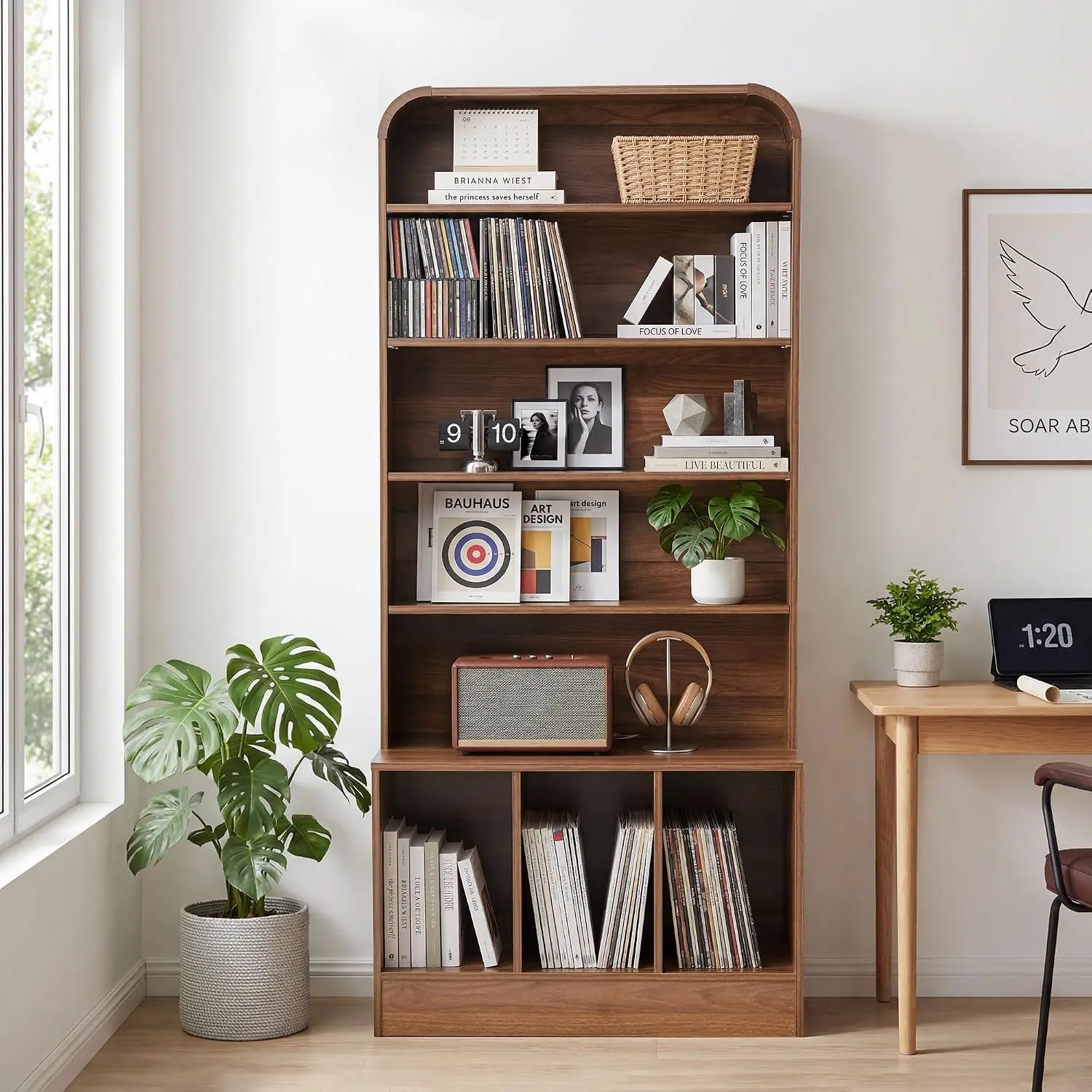 Giratree 71" Tall Record Player Stand with Vinyl Storage, Walnut | 6 Tier Media Storage Shelf with Adjustable Shelves, Turntable Stand with CD & DVD Rack Tower Bookshelf for Living Room