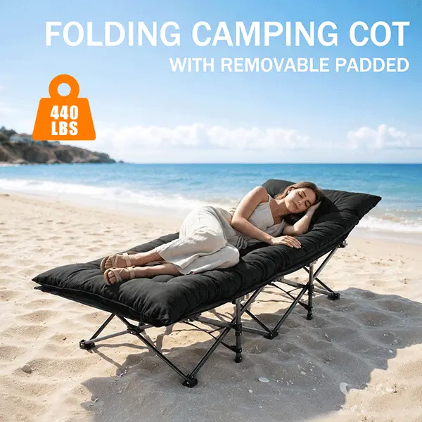 Heavy-Duty Steel Camping Cot for Adults, Extra Wide Portable Folding Bed with Removable Padded Mattress & Carry Bag, 500 lbs Capacity for Travel & Camping, Camping Accessories