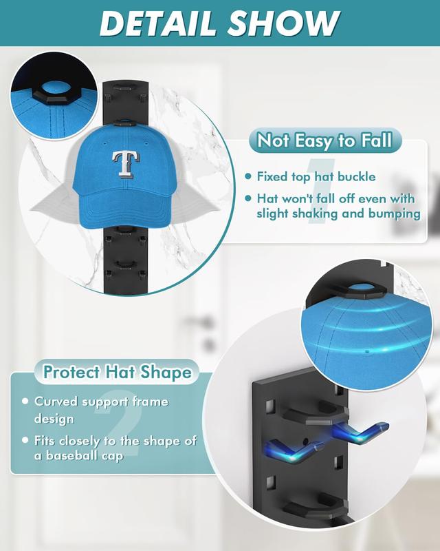Baseball Cap Organizer 2-Pack Wall-Mounted Hat Rack Hook Holds Up to 18 Hats Multi-Layer Storage Adjustable Self-Adhesive or Screw Installation Valentine Gift  valentines gift for bf home