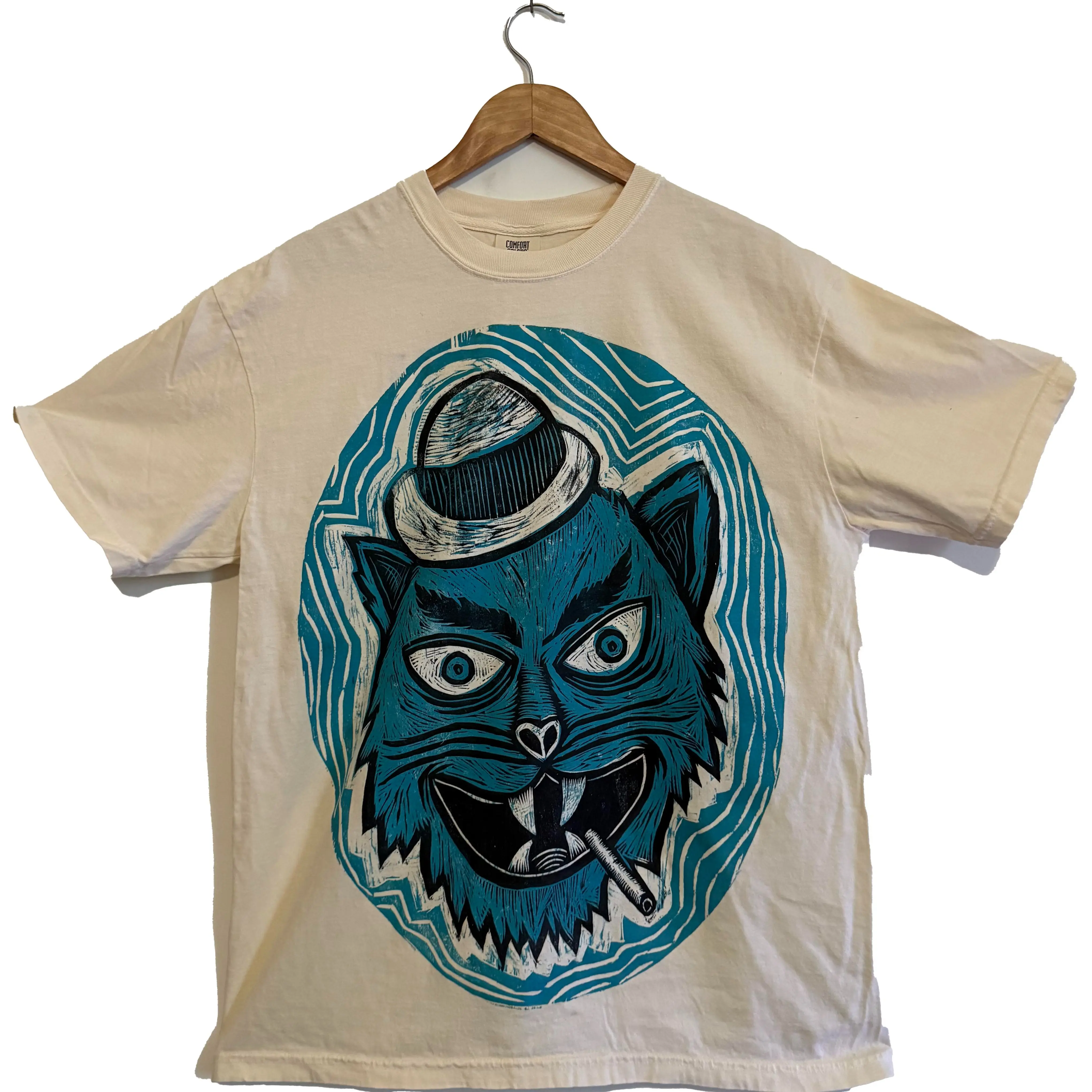 Tuff Kat Handprinted Woodcut T-Shirt Menswear Cotton Top Streetwear Casual Cream Crewneck Long Sleeves Sheer Baggy Oversized Graphics
