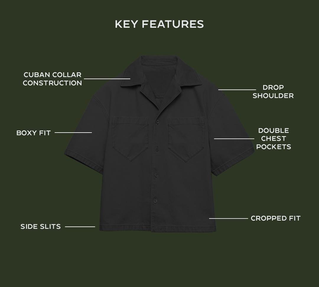 ANANKE Cropped Cuban Button Down Shirt with Hat, Short Sleeve Drop Shoulder Oversized Top with Pockets & Side Slits for Men, Autumn Wear Casual Menswear, Beige Homage Light Grey, Cotton Polyester Blend, Streetwear