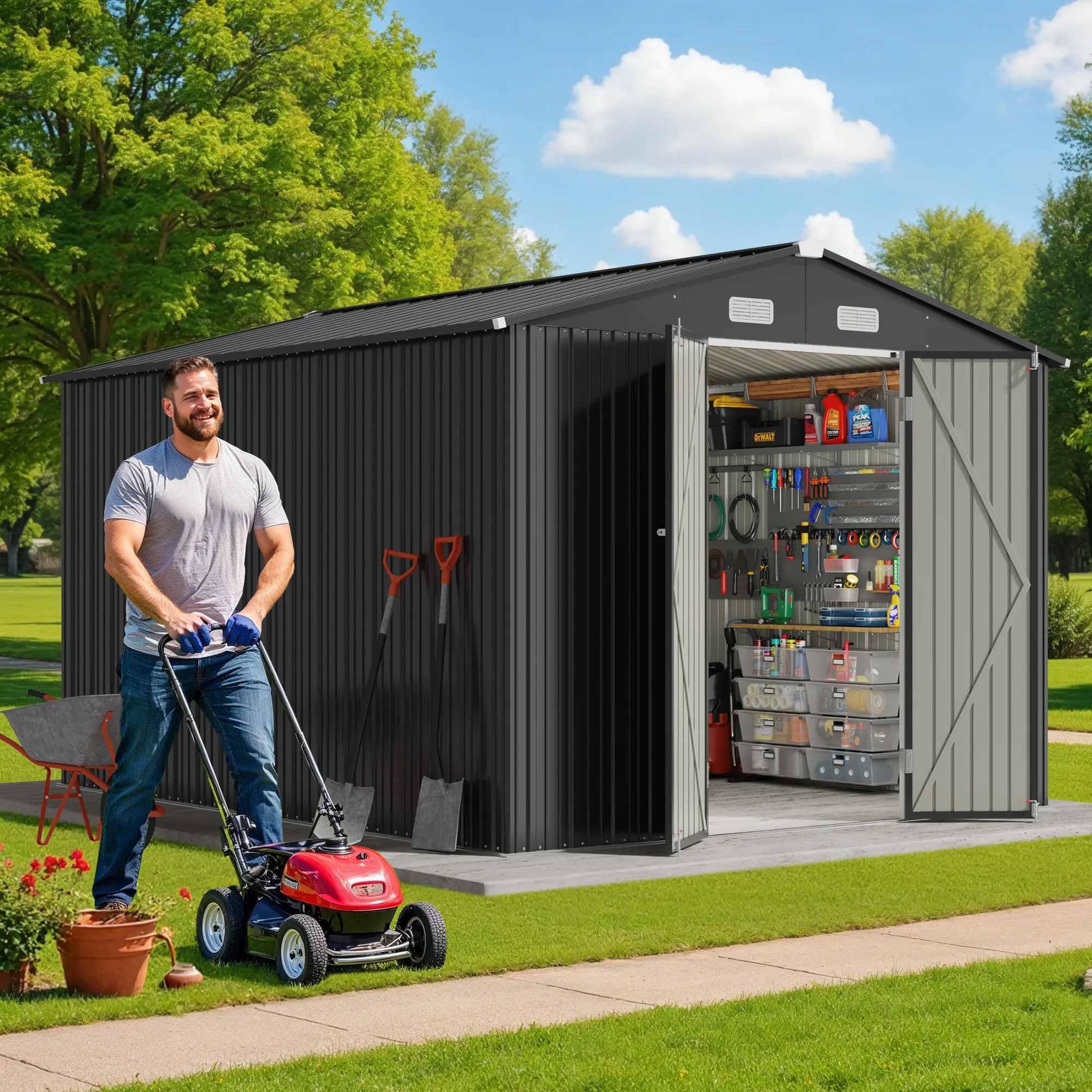 【3 Packages Shipping】Gizoon 10x10 FT Outdoor Storage Shed Large Utility Metal Tool Shed with Lockable Double Doors & 4 Air Vents Waterproof Heavy-Duty Garden Shed for Backyard Patio Lawn