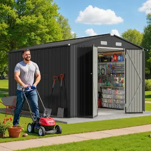 【3 Packages Shipping】Gizoon 10x10 FT Outdoor Storage Shed Large Utility Metal Tool Shed with Lockable Double Doors & 4 Air Vents Waterproof Heavy-Duty Garden Shed for Backyard Patio Lawn
