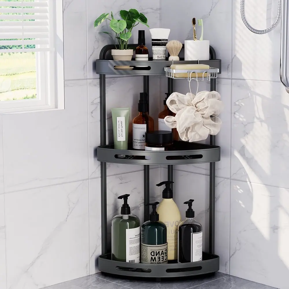 3-Tier Durable Aluminum Corner Shower Caddy Organiser, Rust-Resistant Bathroom Shelf Set with Large Capacity, Quick Drainage & Acrylic Soap Holder for Space-Saving Bathroom Accessory (Corner Organizer Racks), Aluminium