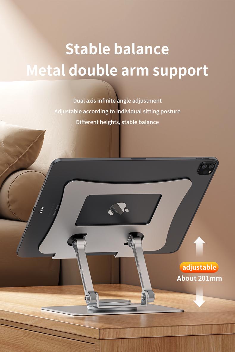 Portable Rotatable Metal Tablet Stand Foldable Adjustable Height Desktop Bracket for 4.7 to 12.9 Inch Devices 360-Degree Rotation Durable Construction Lightweight Foldable Design with Strong Damping Design