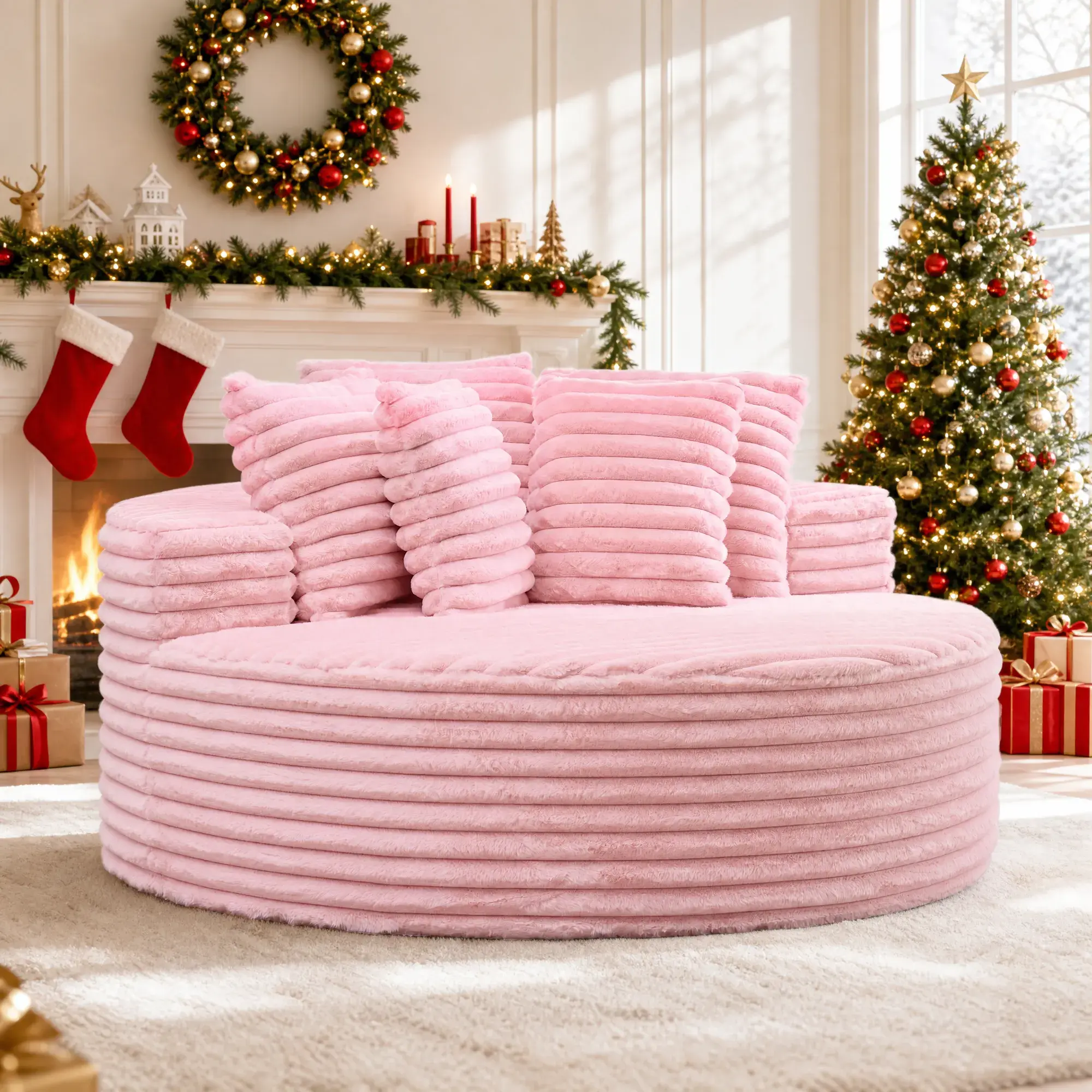 62.9” Round Chaise Lounge Chair Indoor, Deep Seat Floor Couch with Pillows | Upholstered Corduroy Compression Foam Sofa, No Assembly Required