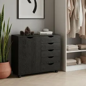 Home Amy 5 Drawer Chest, Wood Storage Dresser Cabinet with Wheels, Craft Storage Organization, Makeup Drawer Unit for Closet Bedroom Office File Cabinet 180 lbs Total Capacity