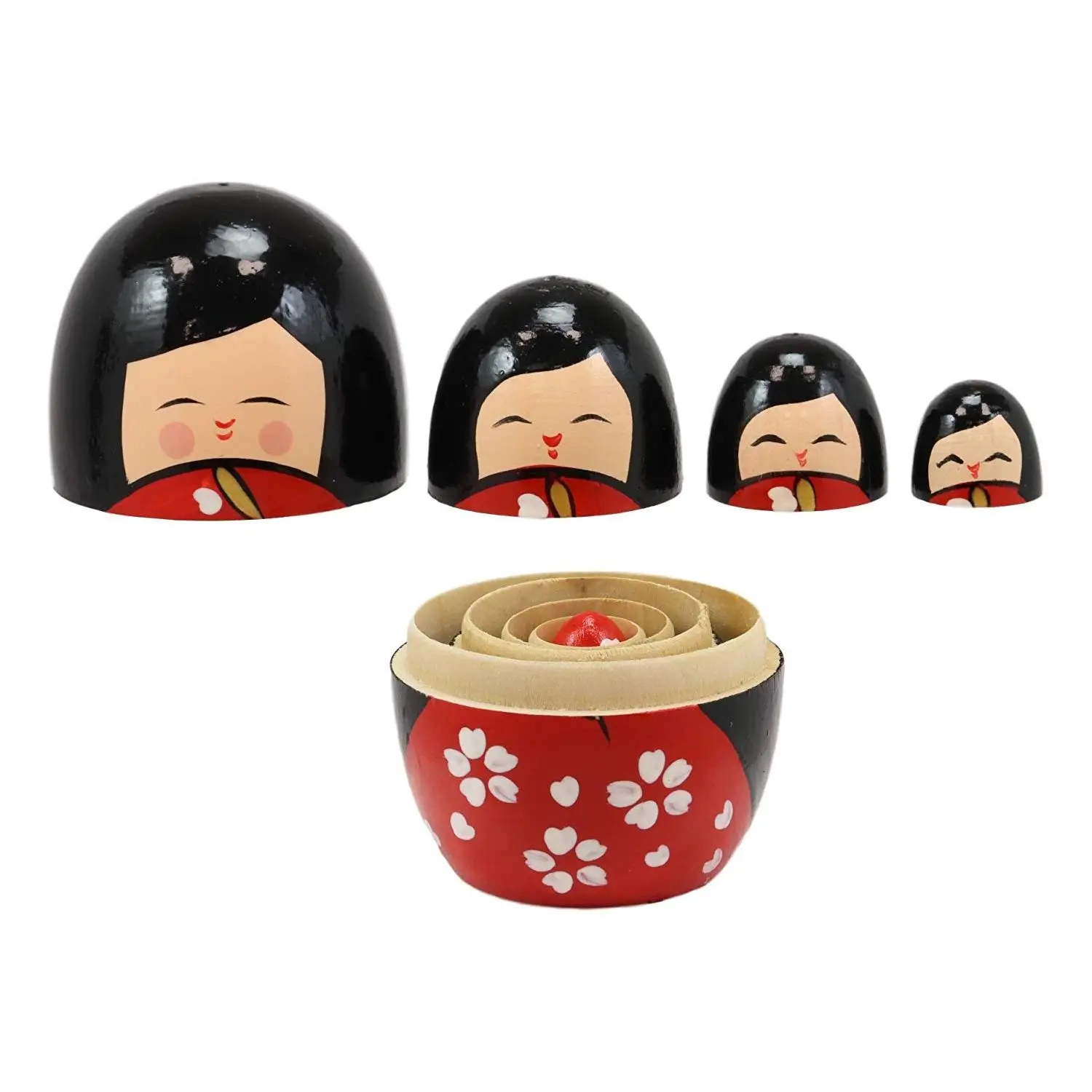 Eco-Friendly Japanese Kokeshi Girl Matryoshka Dolls 5-Piece Set, 1.5" to 0.75" Height, 2.75" to 2" Width, Home Decor Statue Figurine & Pencil Holder Toy