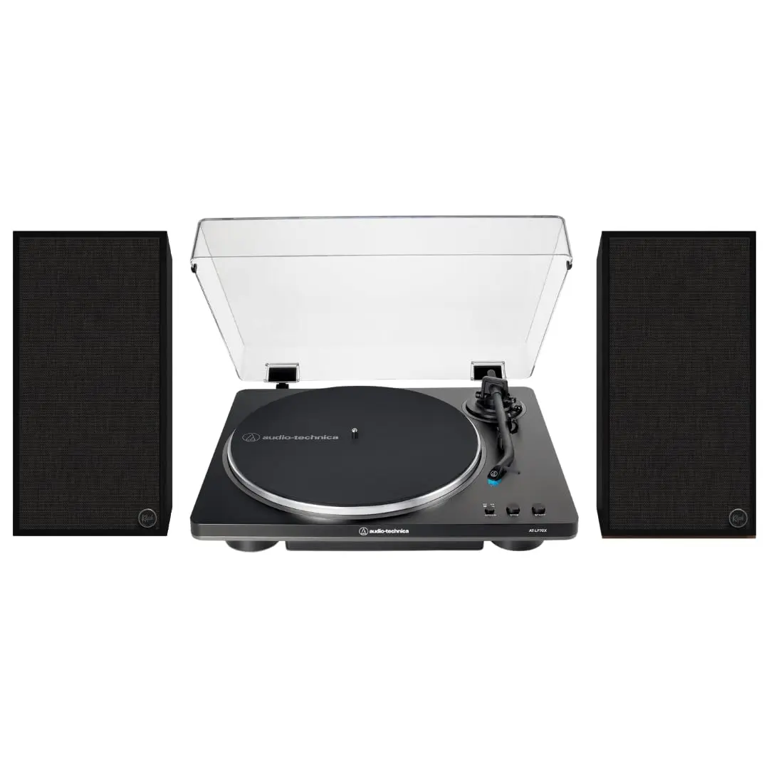 Klipsch The Sevens Retro Heritage-Inspired Wireless Powered Bluetooth Speakers with Digital Amplifier, Subwoofer - Bundle with LP70X Fully Automatic Belt-Drive Stereo Vinyl Turntable (High-Watts Audios), Wood