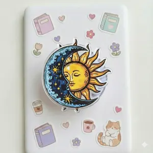 Sun and Moon Celestial Phone Grip - Mystical Aesthetic Phone Stand - Vintage Tarot Style Accessory - Gold and Blue Galaxy Expanding Grip for Kindle - Celestial Gift for Her