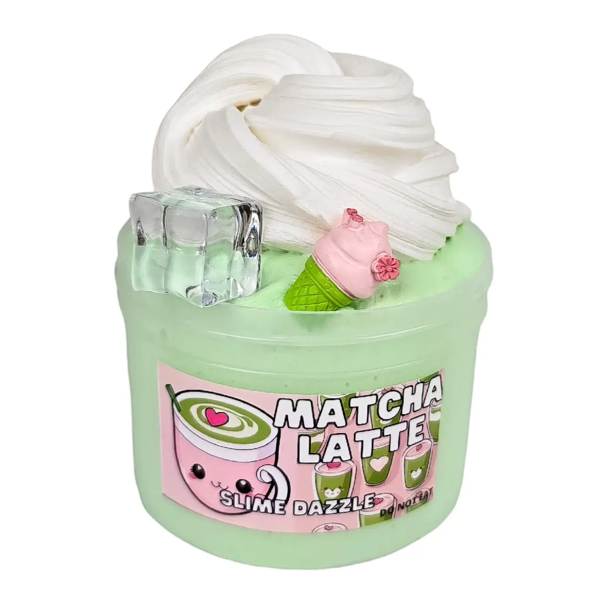 Matcha Latte DIY Butter Slime – Green Tea Matcha Vanilla Scented Slime with Clay Cream Swirl, Ice Cube & Charm – Beginner Friendly, Inflatable & Non-Sticky