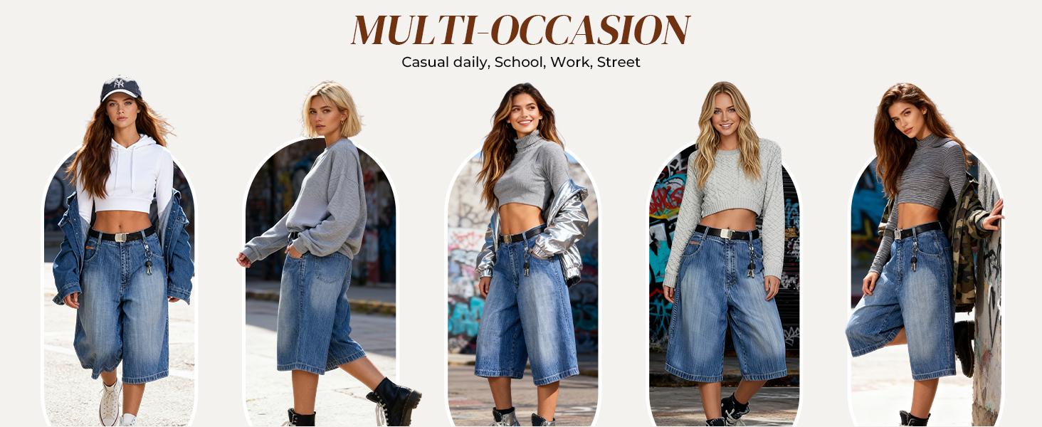 EMMIOL Baggy Jorts for Women Wide Leg Denim Shorts Y2k Mid Rise Bermuda Streetwear Boyfriend Jean Shorts with Pockets
