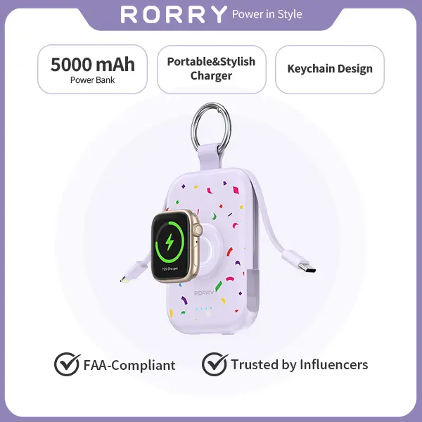 RORRY 5000mAh Portable Power Bank with Built-in Cables & Keychain – Safe Fast Charging for iPhone 17-8 & Apple Watch – Giftidea & Travel Essential backtoschool,back to school,back to school haul