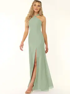 Azazie Rue A-Line Twisted Halter Pleated Leg-Slit Bridesmaid Wedding Guest Formal Dress