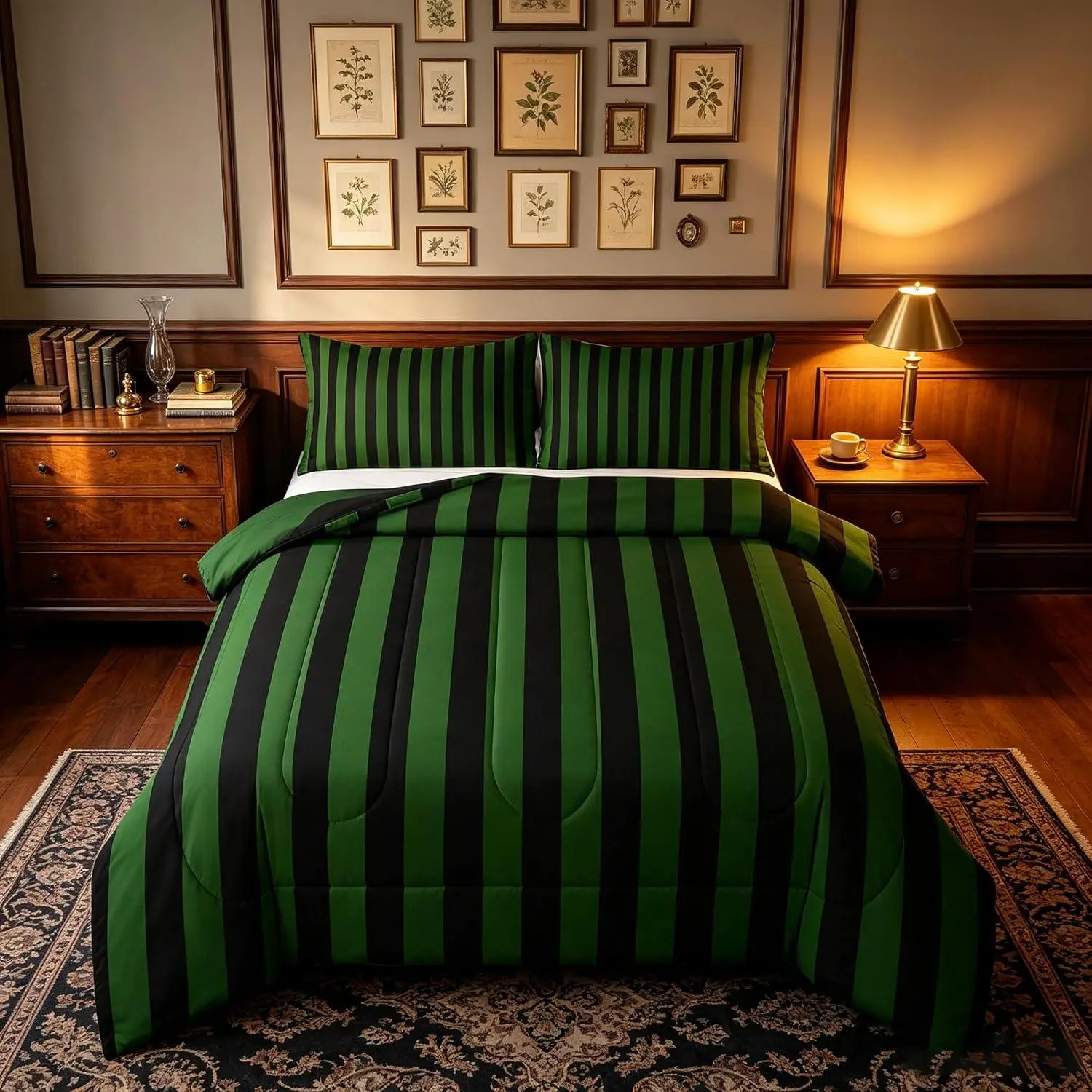 Feelyou Dark Green & Black Microfiber Bedding Set - Abstract Stripes Comforter, Geometric Duvet Quilt, Breathable, Soft, Lightweight, Modern, Multi-Size, Travel-Friendly, Bedroom Home Decor, Essential Bedding Pieces Included