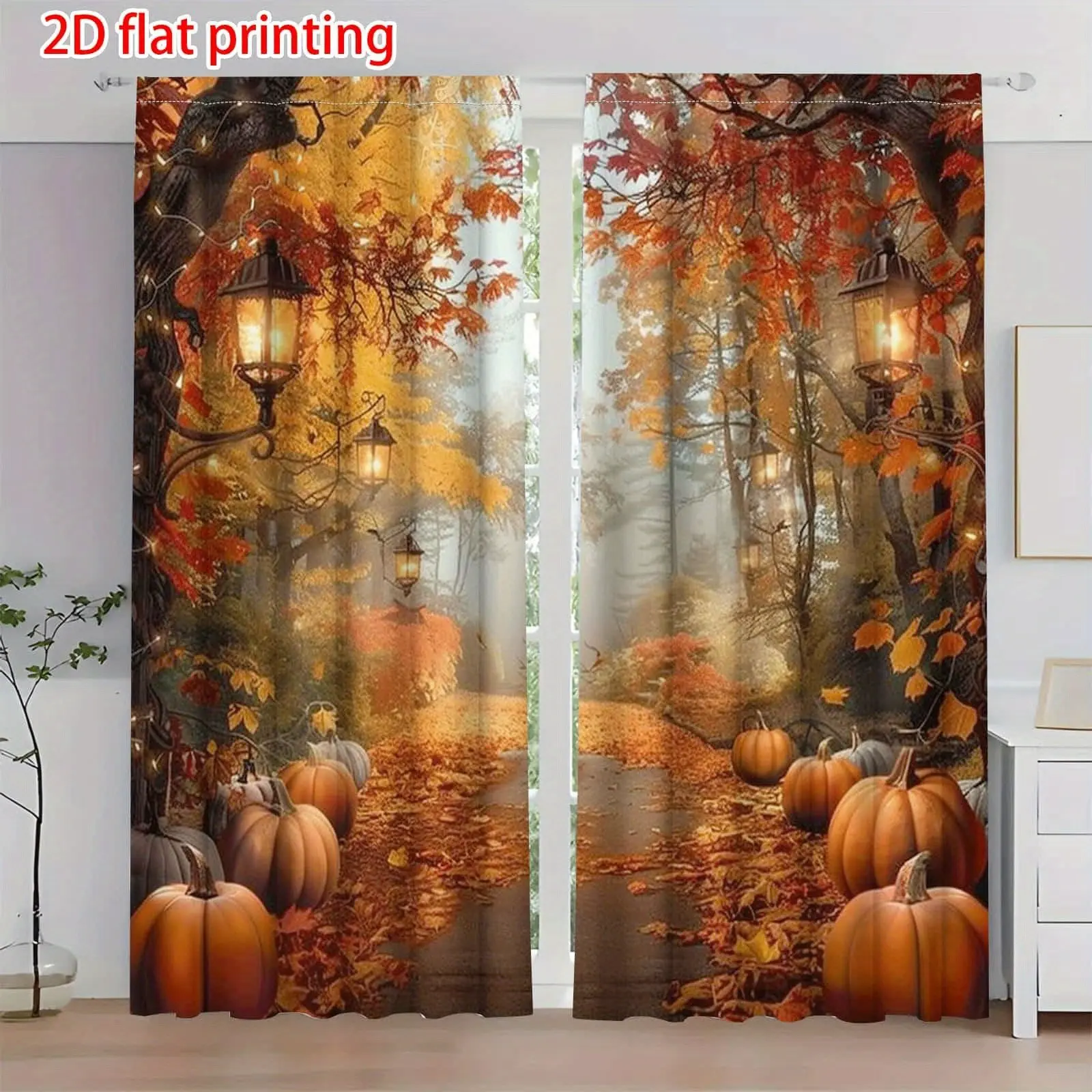 2 Pieces, Autumn Harvest Curtains, Window Drapes, Vintage Pumpkin Maple Leaf Lantern Pattern, Semi-Blackout Curtain Panel for Living Room, Bedroom, Office, Machine Washable Polyester Home Decor, Rustic Print Design, Home Decoration Curtain