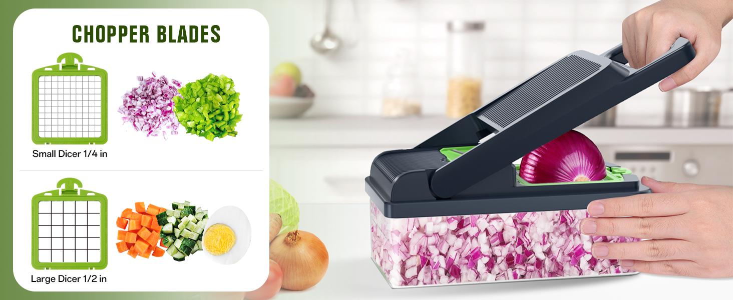 HOMEHACKS Vegetable Chopper,14-in-1 Multifunctional Food Chopper,Professional Onion Chopper with 7 Blades,Vegetable Cutter with Container for Salad,Potato,Carrot,and Garlic; Essential Kitchen Tool