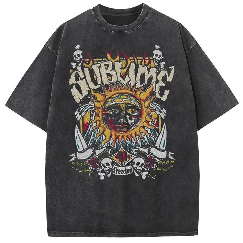Women's Oversized Acid Wash Vintage Sun Graphic T-Shirt - Heavyweight Cotton, Soft Comfortable Unisex Fit, Streetwear Casual Sassy Statement Top, Trendy Retro Loose T Shirts, Perfect for Presidents Day Daily Outings (Vintage Clothing)