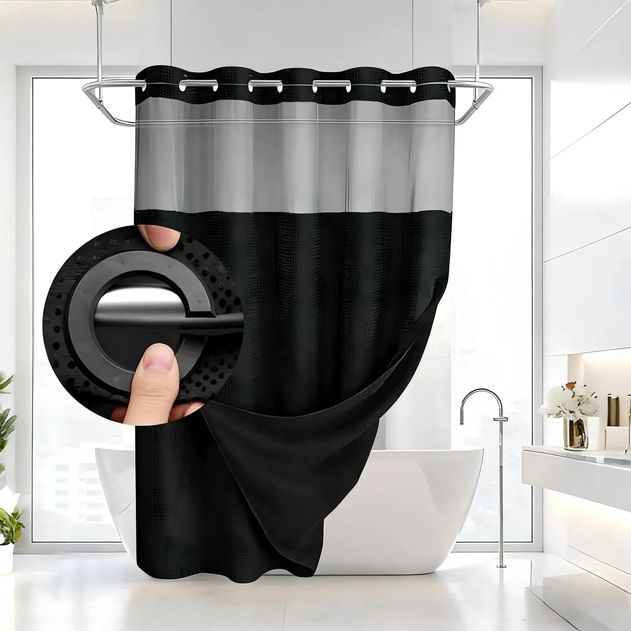 White Waffle Hotel Shower Curtain with Snap-In Liner – Waterproof & Washable Fabric Curtain Set, Includes Plastic Hooks, Clear Mesh Top Window – Hookless Design for Easy Installation