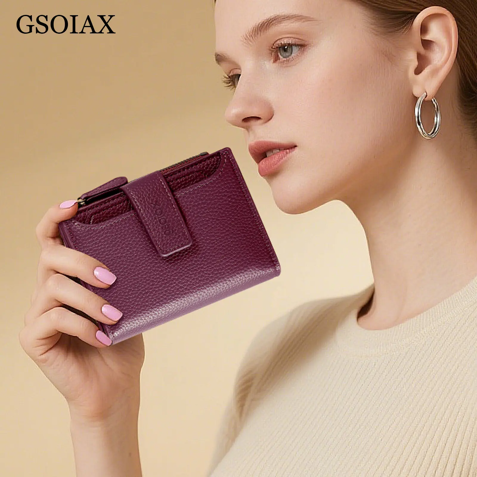 GSOIAX Women's Elegant Leather Bifold Wallet - Durable, Compact RFID Blocking Slim Purse with Zipper Coin Pocket, 13 Card Slots, 4 ID Windows, 1 Cash Pocket, Kiss Lock, Do Not Wash, Durable Wallet, Evening, Anti-Theft, Bifold/Trifold Wallet