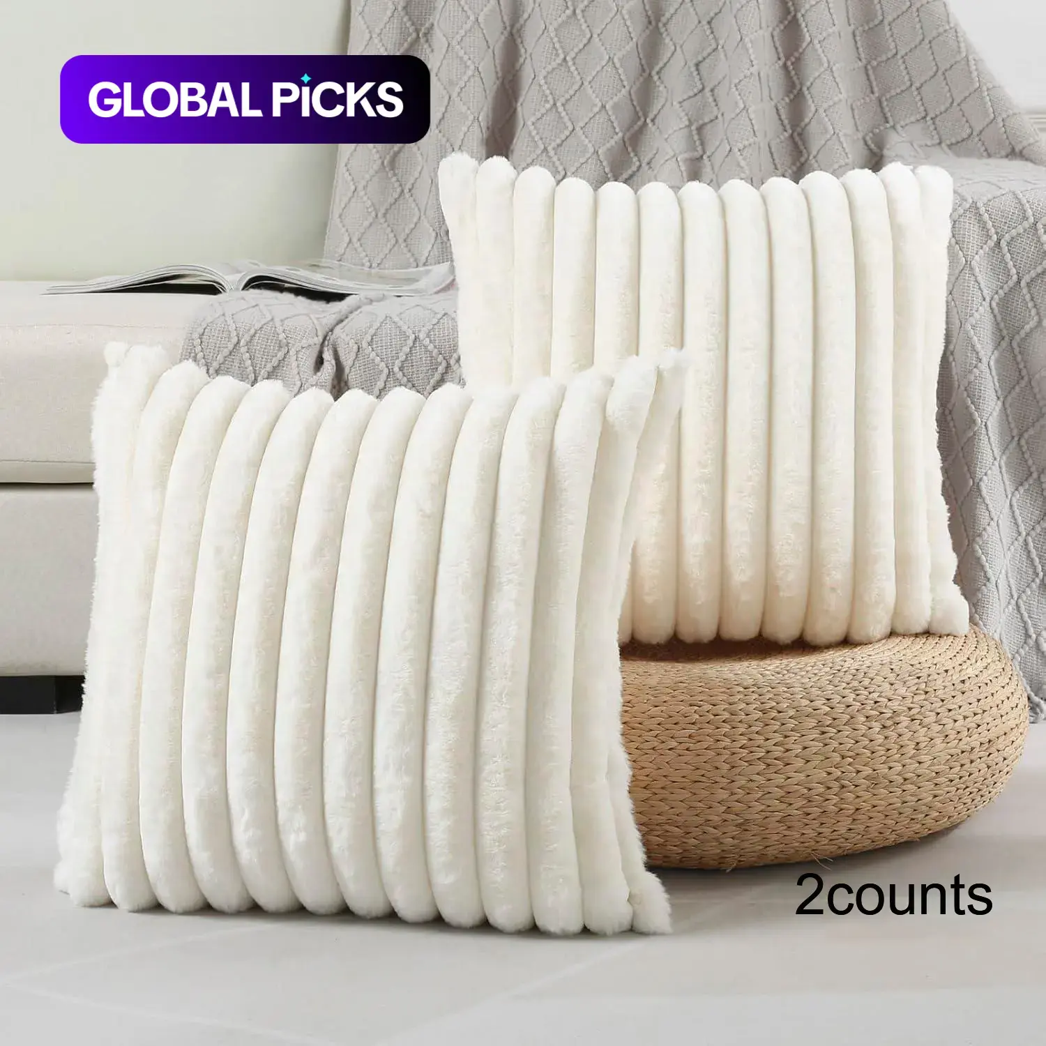 Solid-Color Faux Fur Throw Pillow Cover, 2-Count Cozy Soft Decorative Cushion Covers without Filler, for Home Living Room Sofa #GLOBAL PICKS