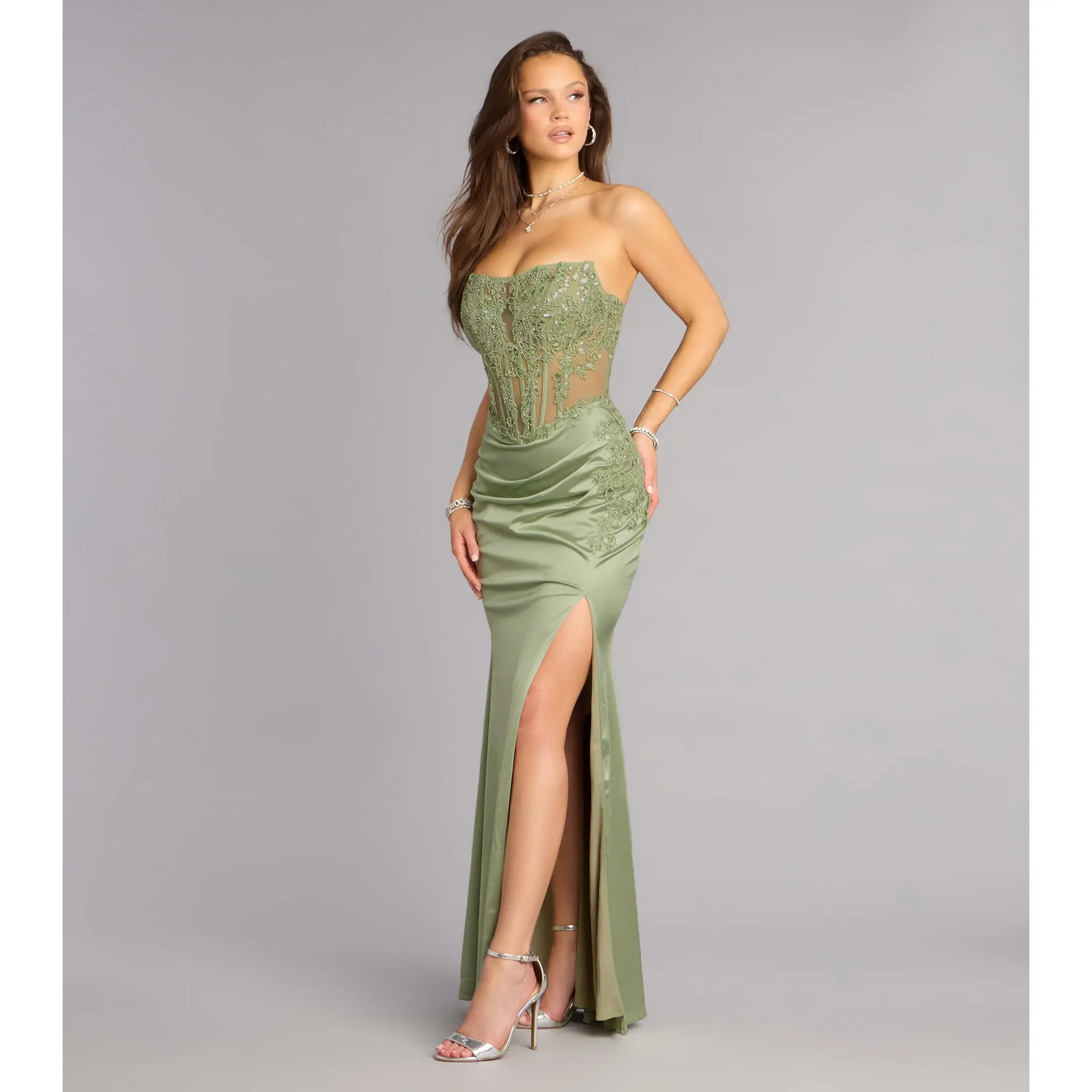 long blue dress casual Berylove Women Wedding Guest Dress Sparkly Dark Green Mermaid Sequin  Pleated Corset Prom Dress with Slit main image 1