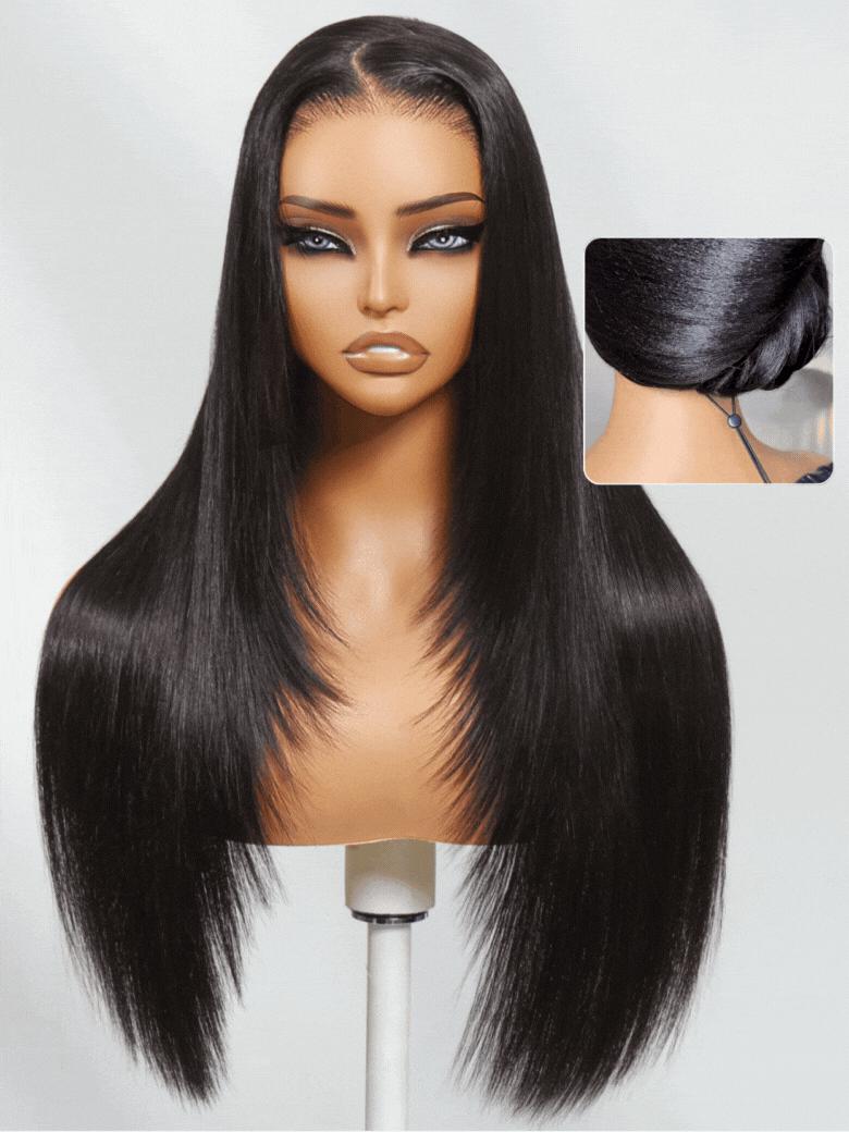 UNice Glueless Black Cherry Layered Straight Wig with Drawstring Pre-cut 7x5/13x4 HD Lace Frontal Human Hair Wigs with Invisible Knots Beginners Friendly