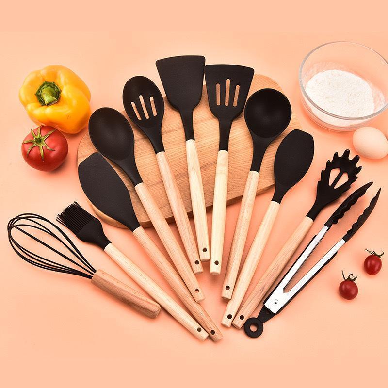 Wooden handle silicone kitchenware 12-piece set with round storage bucket, including non-stick spatula, spoon and blender, etc., perfect for Christmas,  Easter gifting. silicone kitchenware Set with Baking Tool. Utility. Cookware Kitchen Utensil Set