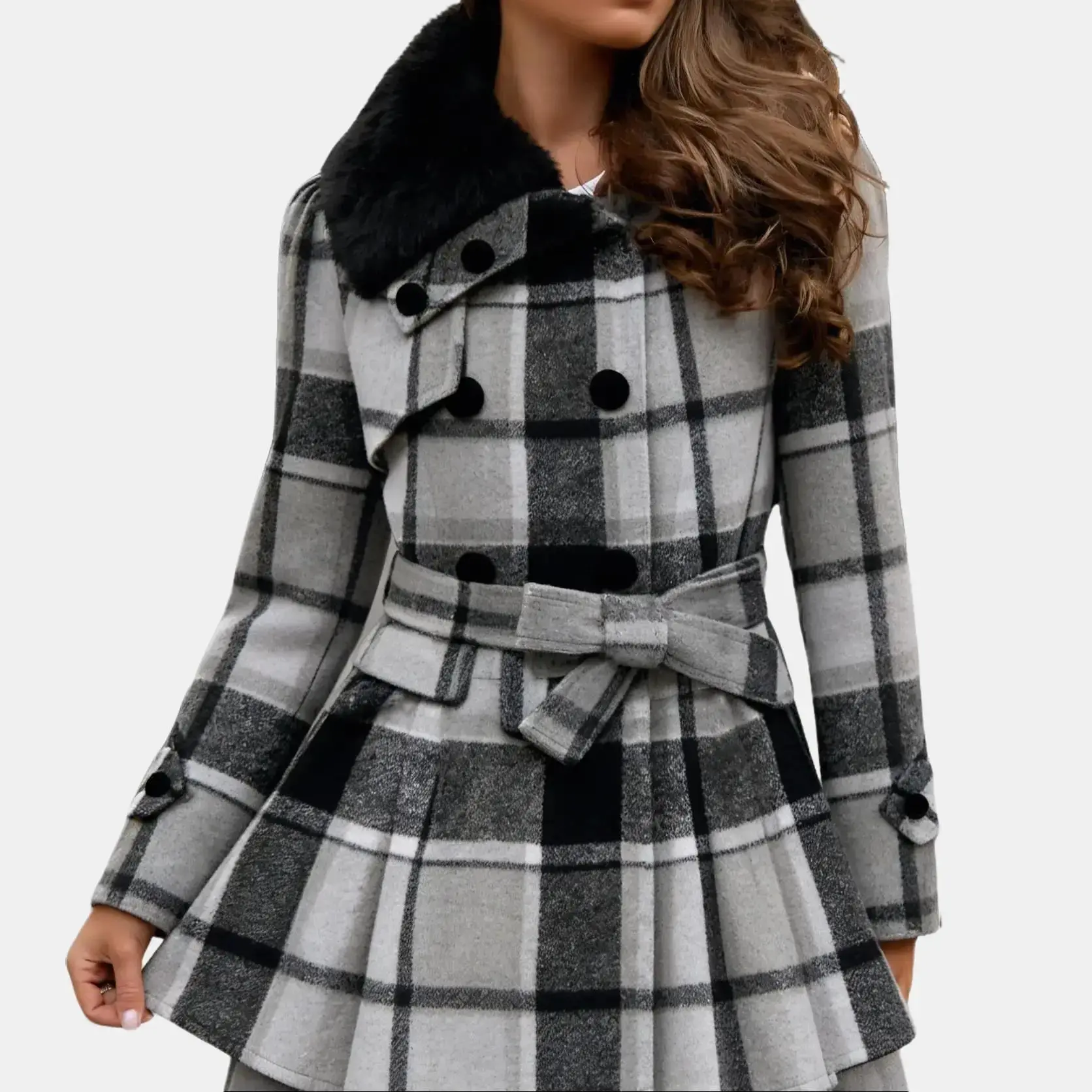 Zeagoo Women's Elegant Fitted Thick Wool Trench Coat - 2025 New Adjustable Winter Warm Jacket with Faux Fur Lapel, Double-Breasted, Double Buttons Let You Style It Open, Cuff & Back Buttons, Soft Faux Fur, Type A Skirt, Outdoors, Elevated Style