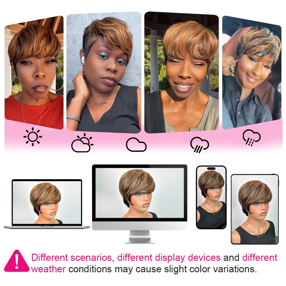 ShowRealHair 9149 Colorful Pixie Cut Wig Glueless Wigs Human Hair Short Brown Pixie Cut Wig Human Hair for Black Women Natural Black Color Pixie Cut Wig with Bangs Human Hair Wig Full Machine Made Glueless Wig SpringStatements