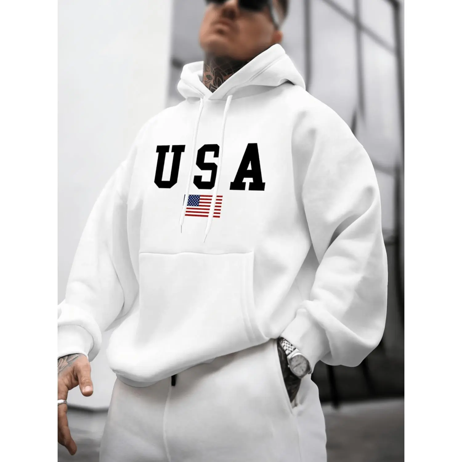 Stylish American Flag Print Hooded Sweatshirt For Men With Kangaroo Pocket Perfect For Casual Wear In Spring And Autumn Seasons