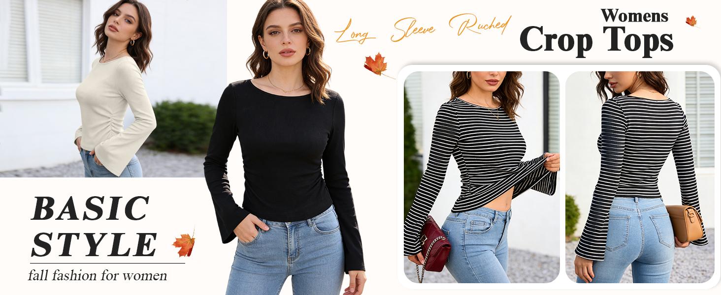 Mundoven Womens Long Sleeve Shirts 2026 Spring Crop Going Out Tops Casual Boat Neck Bell Sleeve Ribbed Ruched Y2K Clothes Mundoven Womens Long Sleeve Shirts 2026 Spring Crop Going Out Tops Casual Boat Neck Bell Sleeve Ribbed Ruched Y2K Clothes
