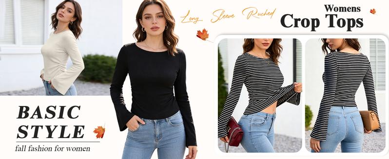 Mundoven Womens Long Sleeve Shirts 2026 Spring Crop Going Out Tops Casual Boat Neck Bell Sleeve Ribbed Ruched Y2K Clothes