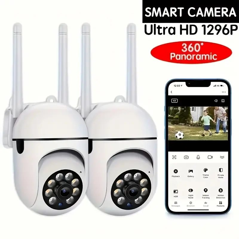 2pcs 5G IP Security Cameras - 3MP HD  ,  Night Vision, App Remote Monitoring, Two-Way Audio, Motion Detection, IP54 Waterproof Rating.