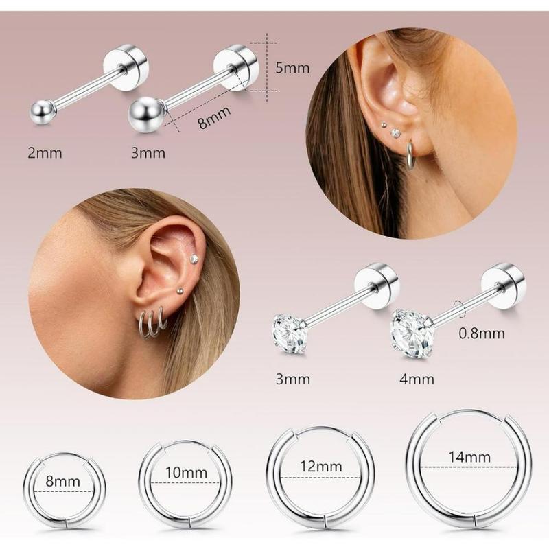 FLORIDECO 8Pairs 316L Surgical Steel Earring Set Cubic Zirconia Round Stud Earrings Hypoallergenic Cartilage Huggie Hoop Earrings Daily