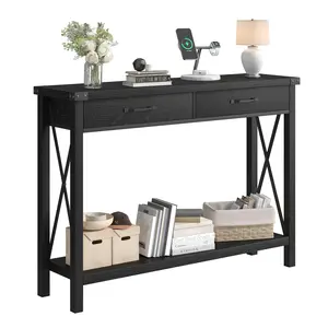 31" Console Table, Industrial Entryway Table with Drawers and Open Storage Shelf, 2-Tier Narrow Sofa Table, Foyer Table for Couch Entryway Corridor Living Room, Grey and Black