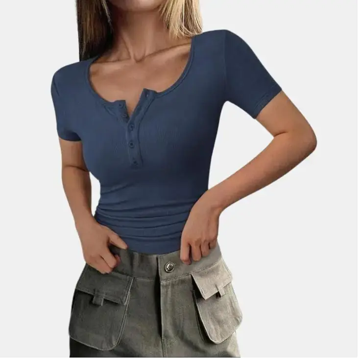 PettyGarden Women's Summer Short Sleeve Tops Ribbed Knit Henley Button Up Slim Fit Casual Blouse for Women - Knitwear, Womenswear