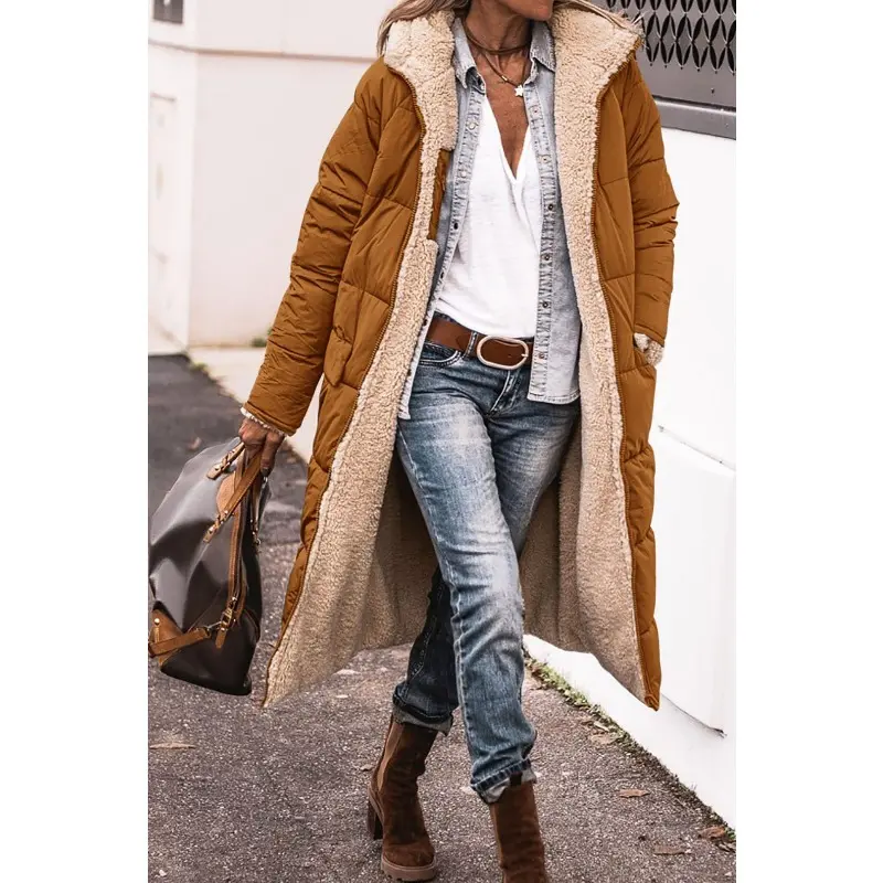 Women's 2025 Winter Shearling Fleece Long Coat - Foldable, Athletic, Comfort-Fit Casual Outerwear with Knitting, Polyester for Thanksgiving, Children's Day, Songkran Basics