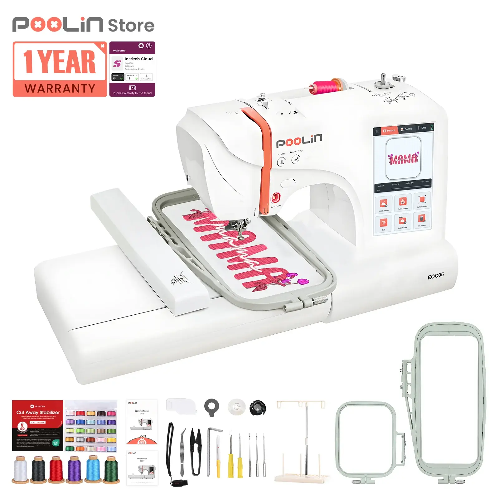 PooLin EOC05 Computerized Home Embroidery Machine - Beginner Friendly, Plastic Body, for Home Crafts & Personalization (Embroidery Machines for Beginners), Beginner Friendly Embroidery Machines