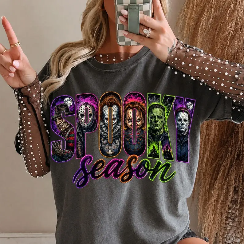 Comfort Colors Neon Horror Halloween Shirt, Retro Scary Movie Graphic Tee, Vintage Horror Character T-Shirt, Spooky Season Fall Apparel