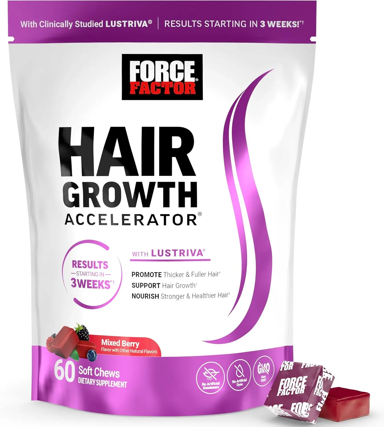 Force Factor Hair Growth Accelerator Soft Chews with Lustriva Hair Growth Vitamins for Women & Men with Clinically Studied Lustriva & Biotin for Thicker, Fuller Hair, 60 Soft Chews