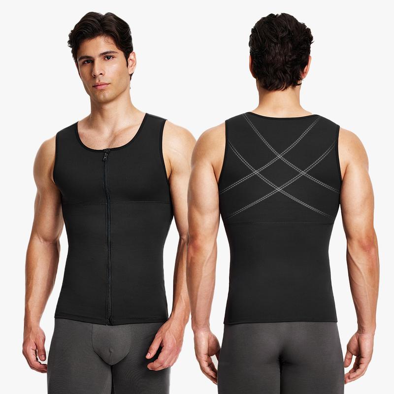 Nebility Men’s Compression Tank Top with Zipper – Strong Chest & Back Support, Smooths Chest and Belly, X-Shape Back Design for Better Posture, Breathable Stretch Fabric for Daily Wear, Workouts and Formal Outfits Shapewear