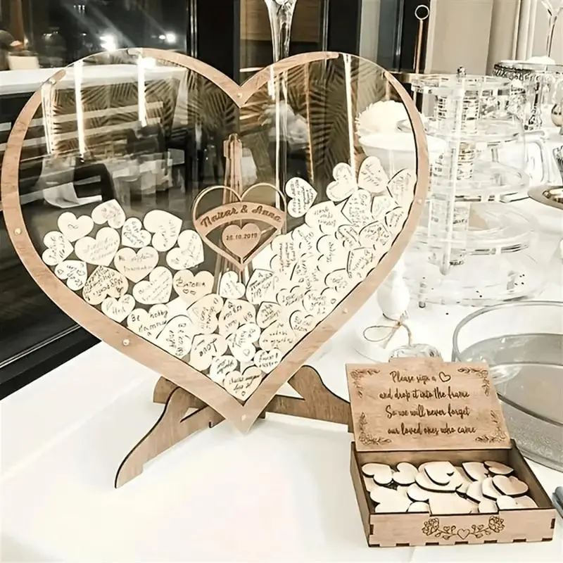 Elegant Wooden Heart-Shaped Wedding Signature Box with Waterproof Clasp Closure, Stand - Home Decor Products, Decorative Keepsake for Wedding Party Guest Sign-In Station