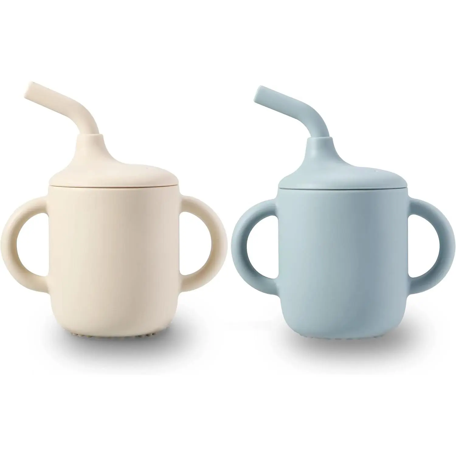 Baby & Toddler Silicone Drinking Training Cups, 2-Pack Tiny Cups with Handles & Straw for Daily Use (White, Blue), With-Straw, Affordable
